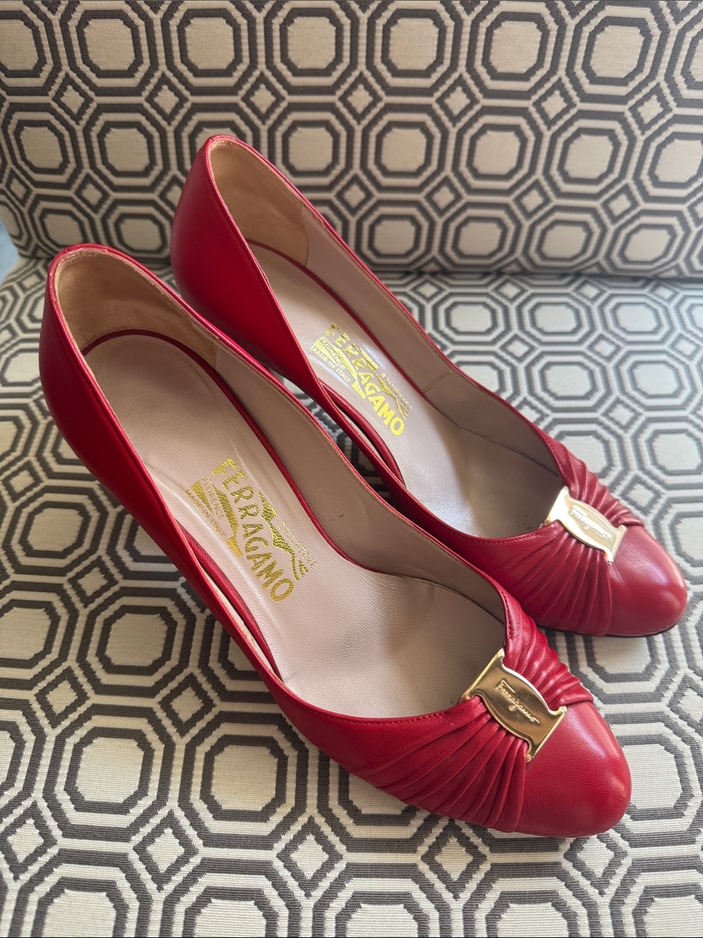 Salvatore Ferragamo Red Leather Pleated Toe Pumps with Gold Logo. Vintage!